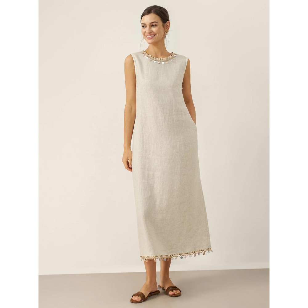 LINTICO Womens 100% Linen Beaded Crew Neck Sleeveless Maxi Dress Size S